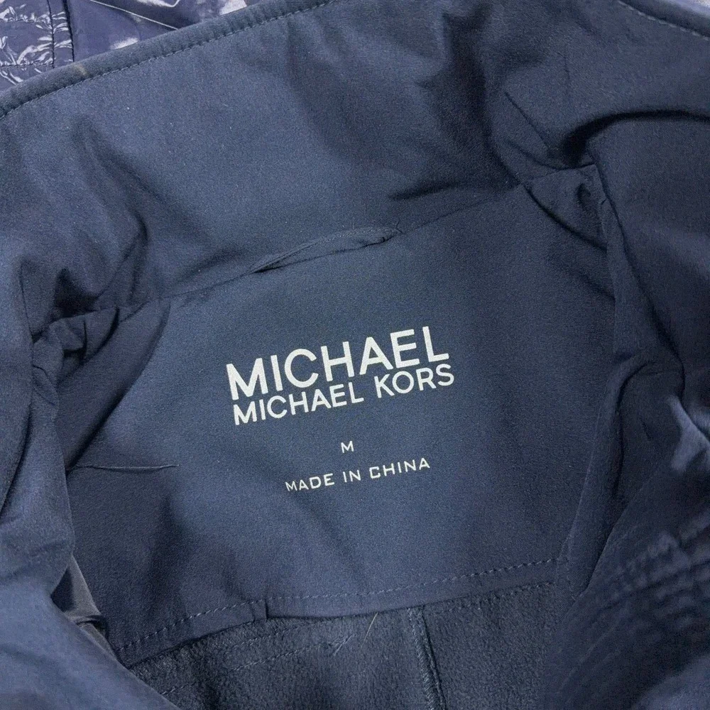 Michael‎ Kors Hooded Softshell Coat Women Medium Navy Quilted Trim Longline